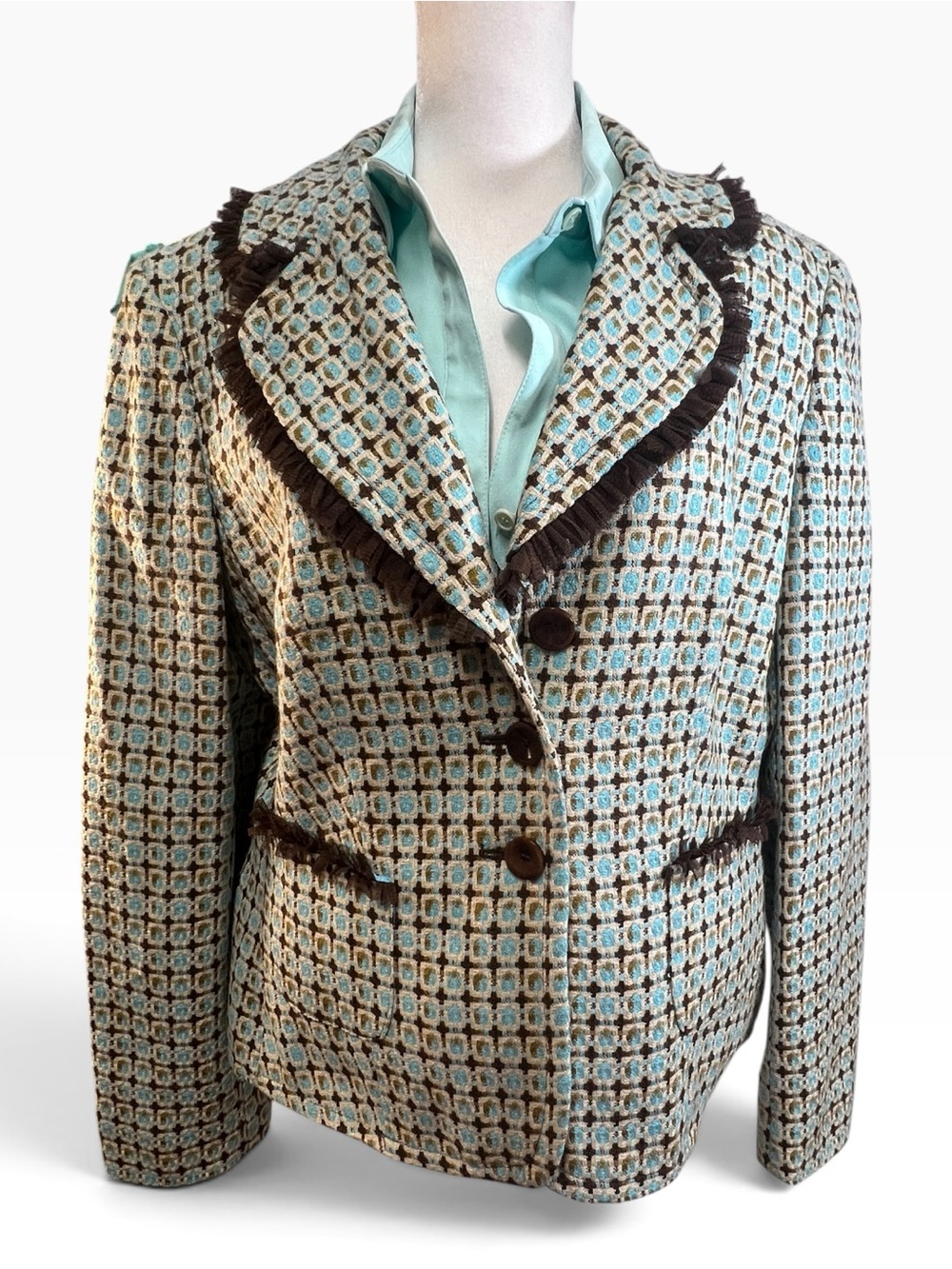 FOCUS 2000 Vintage Aqua Brown Beige Tweed Blazer with Ruffle netting trim SZ 14